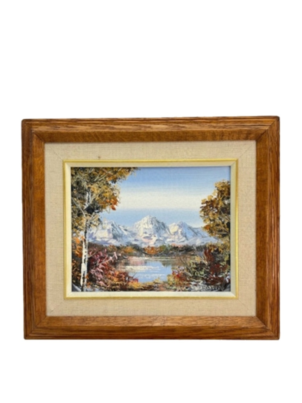 Vintage Oil on Canvas Painting Mountains Lake Scene Signed by Artist